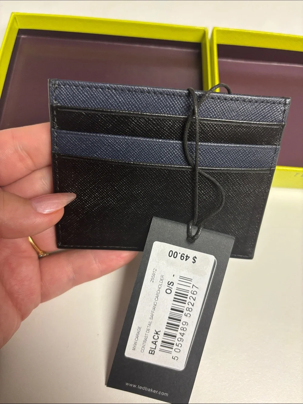 NWT Ted Baker Saffiano Black and Navy Leather Card Holder